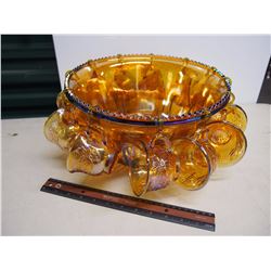 Carnival Glass Marigold Punch Bowl Set, No Chips Or Cracks (12 Cups)
