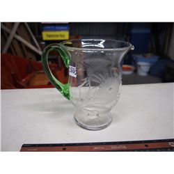 Vintage Etched Glass Flower Blown Pitcher (Green Glass Handle)