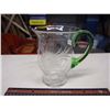 Image 2 : Vintage Etched Glass Flower Blown Pitcher (Green Glass Handle)