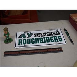 Saskatchewan Rough Riders License Plate, Pen, Roger Aldag Bobble Head