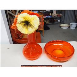 Retro Orange Crackled Bowl With Orange \Vase & Flowers