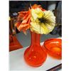 Image 3 : Retro Orange Crackled Bowl With Orange \Vase & Flowers