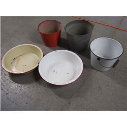 Galvanized and Porcelain Bowls And Pales