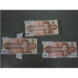 1986 2 Dollar Bills (3), Crow Bouey, Thiessen Bonin, Thiessen Crow