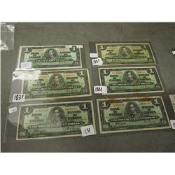 Vintage 1$ Canadian Bills (6) (1937 R/M 3267984, T/N 2201378, Y/A 0663183, W/L 7697033, T/N 9631634 