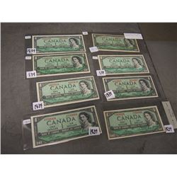 Vintage 1$ Canadian Bills (8) (1954 R/P 2274495, B/M 1004885 Replacement Bill, S/F 5313041, V/N 5980
