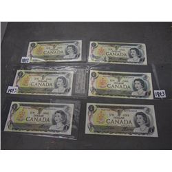 Vintage 1$ Canadian Bills (6) (1973 BCN 7326299, AC 4764019, ECJ 8125529, BAD 3416942, BAU 9346497, 