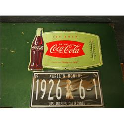 Coca-Cola Advertising Thermometer With Marilyn Monroe Licence Plate