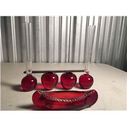 Matching Set of Glass Candle Holders With Canoe Table Piece, Etc;)