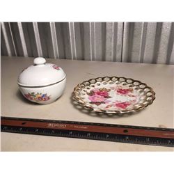 Floral Sugar Container with Decorative Plate (Non-Matching)