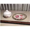 Image 1 : Floral Sugar Container with Decorative Plate (Non-Matching)