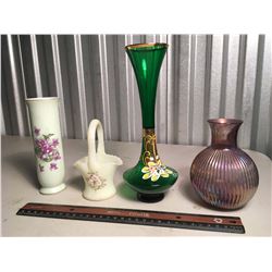 Misc Glassware (Flower Vases, Hand Painted Table Piece, Etc;)