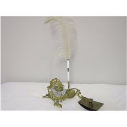 Brass Inkwell, Pen, & Brass Blotter (Czech)