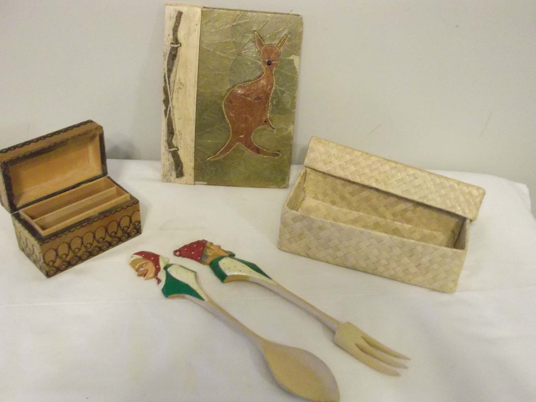 Hand-made Items (Woven Box, Burnt Work, Salad Fork / Spoon Etc.) (5 Pieces)