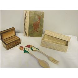 Hand-made Items (Woven Box, Burnt Work, Salad Fork / Spoon Etc.) (5 Pieces)