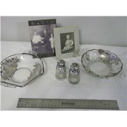 Silver Overlay Bowls, Salt & Pepper Shakers, & 2 Old Photos