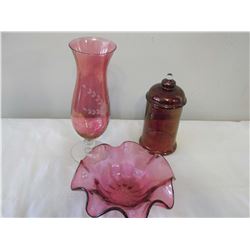 Cranberry Glass (3 Pieces, 1 Made In Austria [Label])