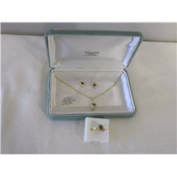 Jade Jewelry Lot (14KT Gold Plated Necklace, Earring Set, Size 9-10 Ring)