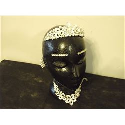 Austrian Crystal & Pearl Tiara, Necklace, & Earring Set With Display Head