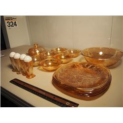 Matching Set of Carnival Glass Plates, Bowls, Salt & Pepper Etc;