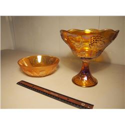 Carnival Glass Fruit Bowl With Stem And Carnival Glass Bowl