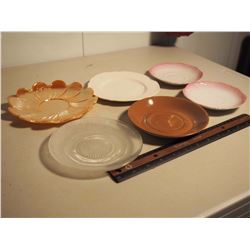 Lot of Misc Plates, Saucers (6)(Carnival Glass, Matching Saucers, Glass Dish, Etc;)