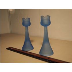 Blue Glass Flower Candle Holders (2)