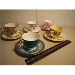 Lot of Colored Decorative Cups and Saucers (5)