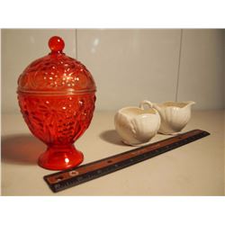 Sea Shell Themed Cream & Sugar With Red glass Container