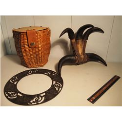 Lot of Misc (Crafted Bullhorn Claw, Basket With Rope Handle, And Cast Iron Wreath)