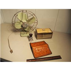 Lot of Misc (Metal House Fan, Working, Faux Leather Wallet, Rubber Stamp, Jewelry Box)