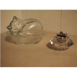 Glass Cat In Nest With Table Lighter