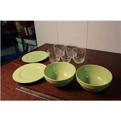 Lot of Dishware (Green Plates, Green Bowls, And 5 Glasses)