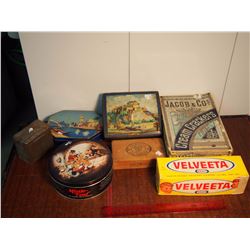 Lot Of Assorted Tins (Jacob & Co's Cream Crackers, Velveeta, Aurelia Biltmore Wooden Box, Edinburgh 