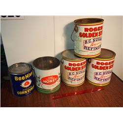 Lot Of Honey And Syrup Tins (Roger's Golden Syrup, Pure Canadian Honey, Bee Hive Golden Corn Syrup) 