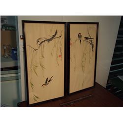 Pair Of Framed Bird Paintings With Asian Markings