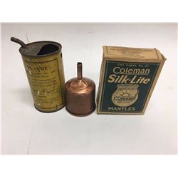Lot Coleman Related Measuring can, Silk Mantles (5) & Funnel