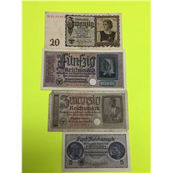 Lot (4) Nazi Germany Bank Notes, Paper Money