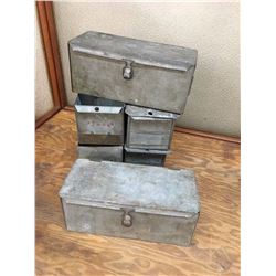Lot (6) Galvanized Grain Sample Boxes From Wooden Grain Elevator