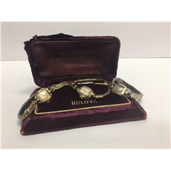 Lot Vintage Bulova Gruen Ladies Watches And Bulova Box 2 Tick, 2 are Gold Filled, one Gold Filled Ba