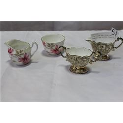 CHINA CREAM AND SUGAR AND ENAMELED AND SILVER CREAM AND