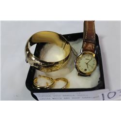 VINTAGE GOLD BANGLE GUCCI LADIES WATCH AND HOOP EARRINGS