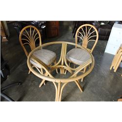 GLASS TOP BAMBOO TABLE AND TWO CHAIRS