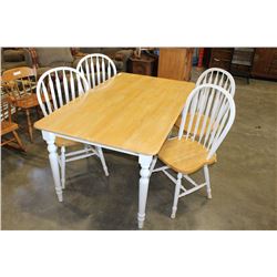 WHITE AND MAPLE TABLE AND FOUR CHAIRS