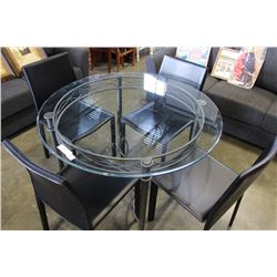 GLASSS TOP TABLE AND FOUR BLACK LEATHER CHAIRS