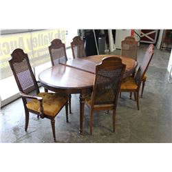 WALNUT DINING TABLE AND LEAF AND SIX CHAIRS