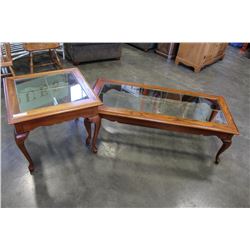 2 PIECE OAK AND GLASS COFFEE TABLE SET