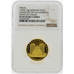 1990 10g Germany Gold Hamburg Sister City Osaka Medal NGC Graded PF69 Ultra Came