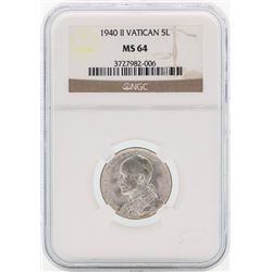 1940 II Vatican 5 Lira Coin NGC MS64