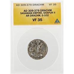 AD 309-379 Drachm Sasanian Empire Shapur II AR Drachm G-102 Coin ANACS VF35
